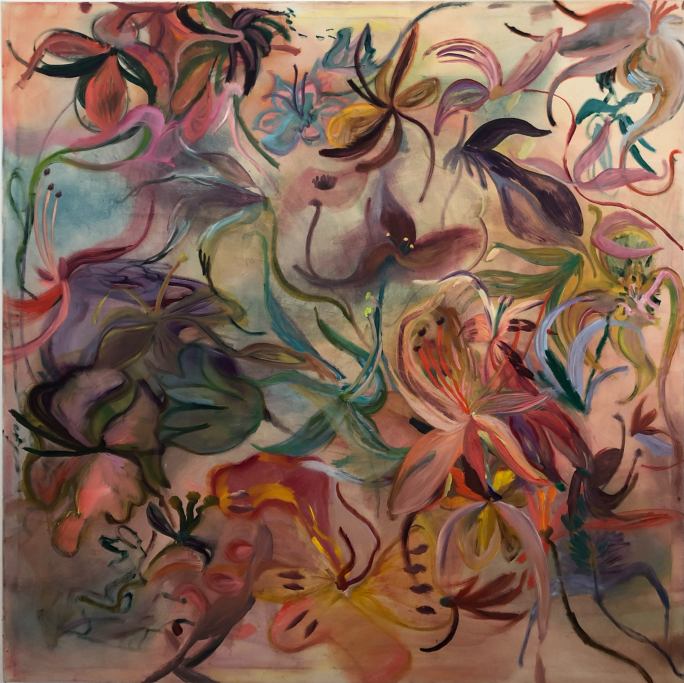 Bunte, abstrakte Blumenmuster in sanften Farbtönen und dynamischen Pinselstrichen.