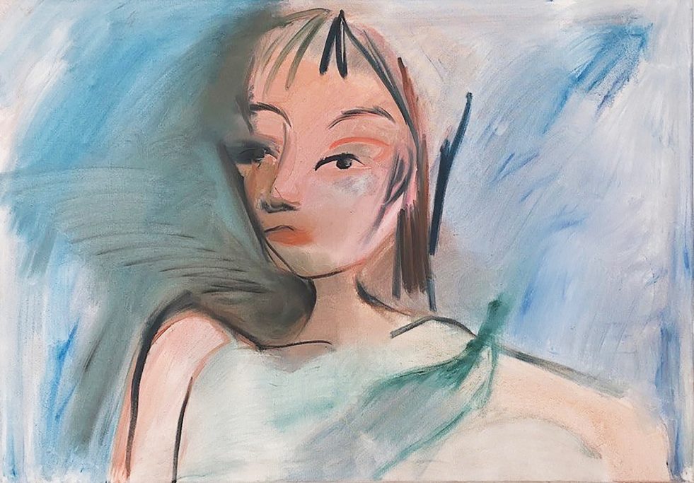 Porträt einer nachdenklichen Person mit sanften Farben und abstraktem Hintergrund.