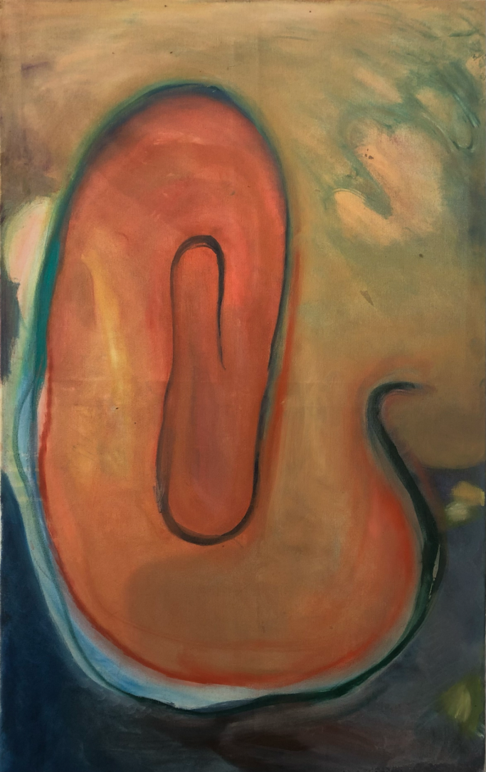 Abstraktes Gemälde mit geschwungenen Linien und warmen Farbtönen.