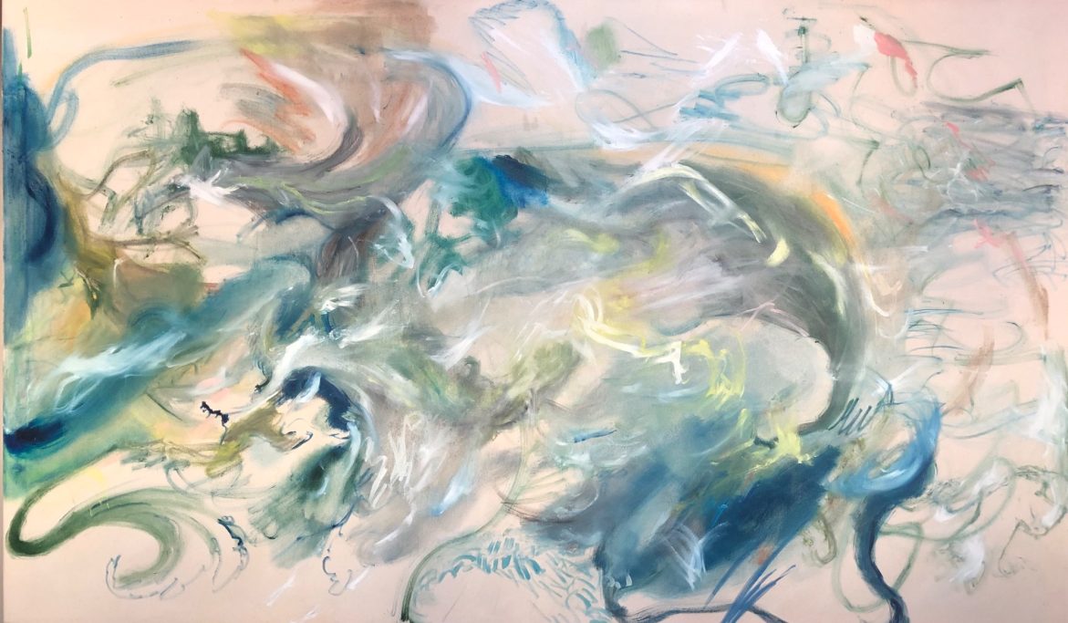 Abstrakte Komposition mit sanften Farben und fließenden Formen.