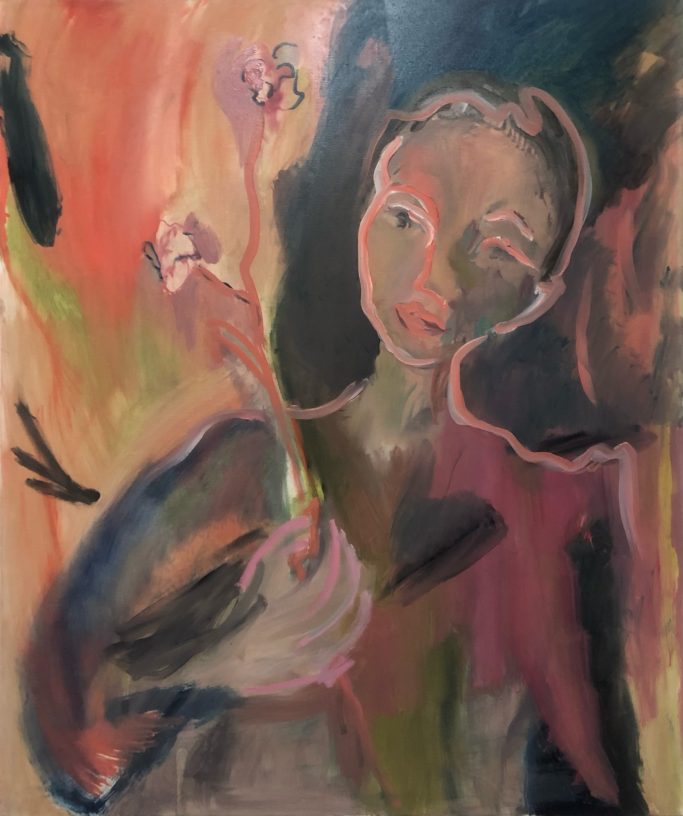 Farbige abstrakte Darstellung einer Frau mit Blume vor einem lebhaften Hintergrund.