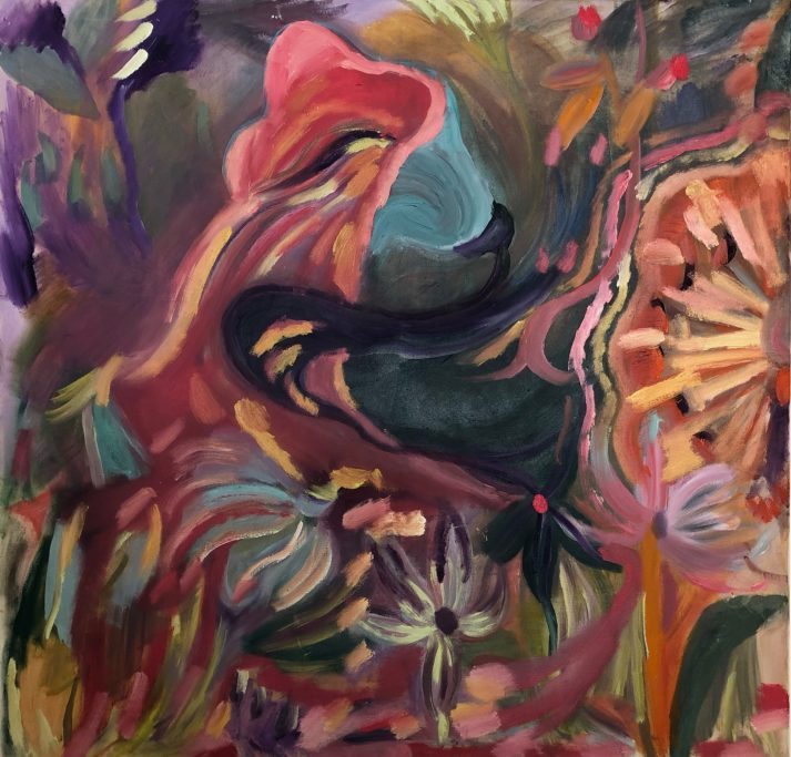 Bunte, abstrakte Malerei mit floralen Motiven und geschwungenen Formen.