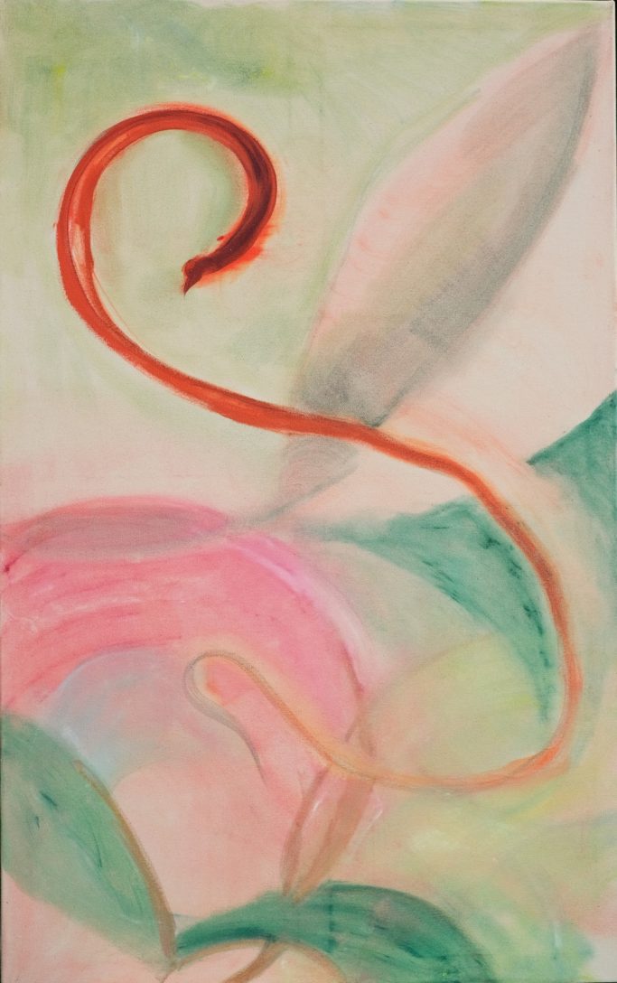 Zarte abstrakte Komposition mit geschwungenen Linien in Rosa, Grün und Rot.