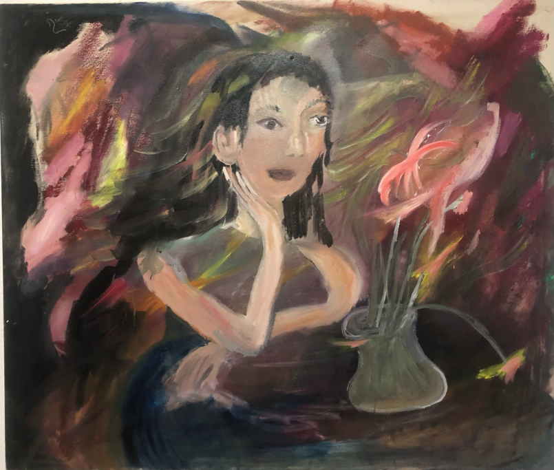 Porträt einer nachdenklichen Frau mit langem Haar, umgeben von abstrakten Farben.