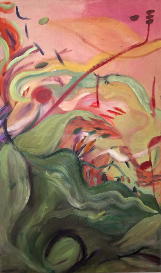 Abstrakte Farben und Formen in sanften Tönen, die eine dynamische Komposition bilden.