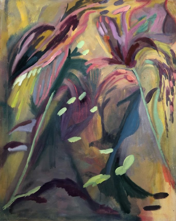 Abstrakte Malerei mit bunten Pflanzenmotiven auf einem warmen, erdigen Hintergrund.