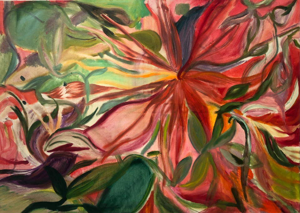 Bunte abstrakte Malerei mit floralen Motiven und lebendigen Farben.